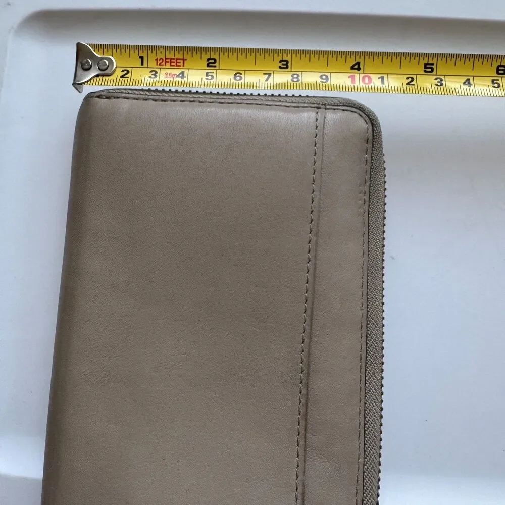 Kate Spade Zip Around Smooth Leather Wallet Gold Hardware Rivets Taupe Beige